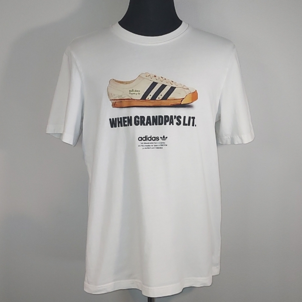 Adidas White When Grandpa's Lit Graphic Tee Crew Neck Cotton T-Shirt Size Large